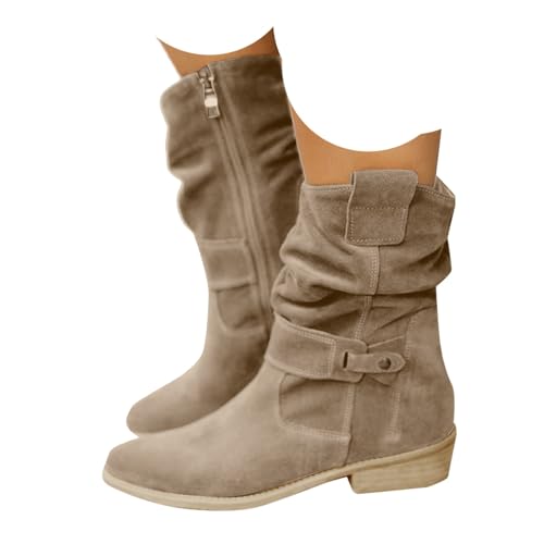 Xbemkste Cowboystiefel Damen Stiefeletten Veloursleder Blockabsatz Seitlicher Reißverschluss Westernstiefel Slouchy Boots Elegant Ankle Boots Kurzstiefel Winterschuhe (Grey, 40) von Xbemkste