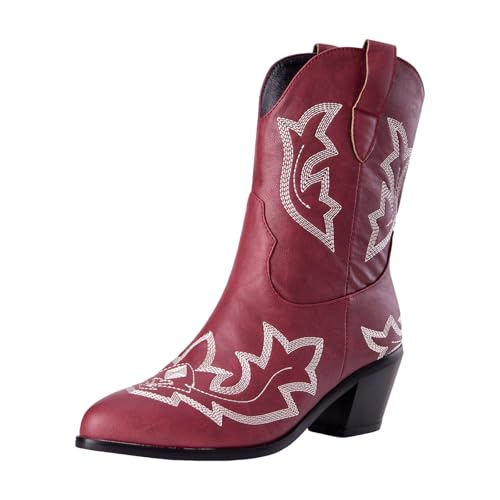 Xbemkste Cowboystiefel Damen Stiefeletten mit Absatz Westernstiefel mit Spitze Zehe und Stickereien Kurzschaft Boots Vintage Mittelschaftstiefel Halbschaft Damenstiefel (39) von Xbemkste