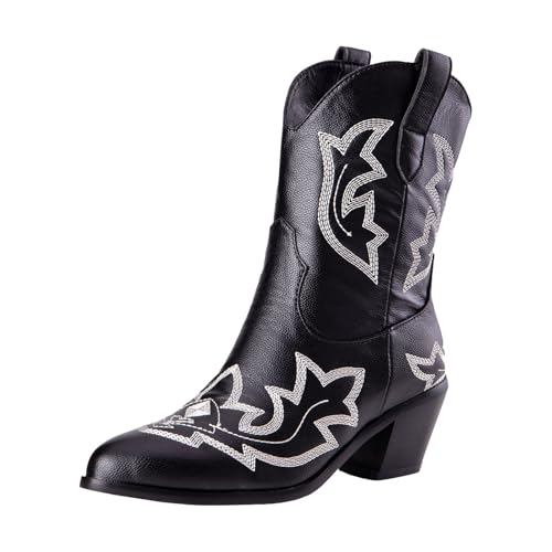 Xbemkste Cowboystiefel Damen Stiefeletten mit Absatz Westernstiefel mit Spitze Zehe und Stickereien Kurzschaft Boots Vintage Mittelschaftstiefel Halbschaft Damenstiefel (40.5) von Xbemkste