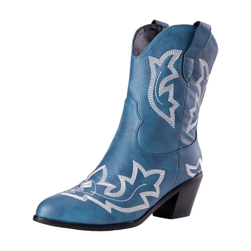 Xbemkste Cowboystiefel Damen Stiefeletten mit Absatz Westernstiefel mit Spitze Zehe und Stickereien Kurzschaft Boots Vintage Mittelschaftstiefel Halbschaft Damenstiefel (Blue, 40.5) von Xbemkste