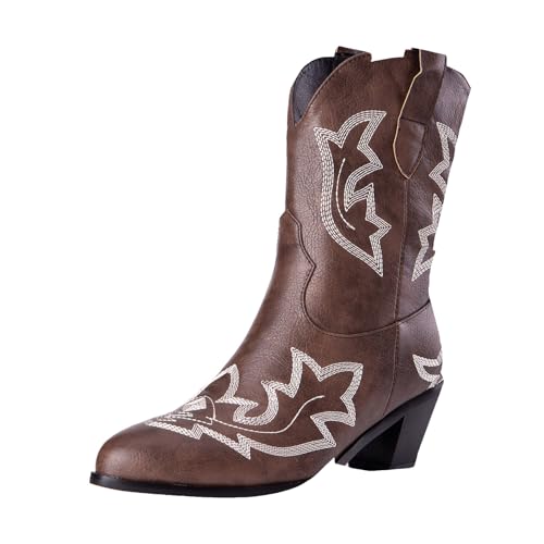 Xbemkste Cowboystiefel Damen Stiefeletten mit Absatz Westernstiefel mit Spitze Zehe und Stickereien Kurzschaft Boots Vintage Mittelschaftstiefel Halbschaft Damenstiefel (Coffee, 40) von Xbemkste
