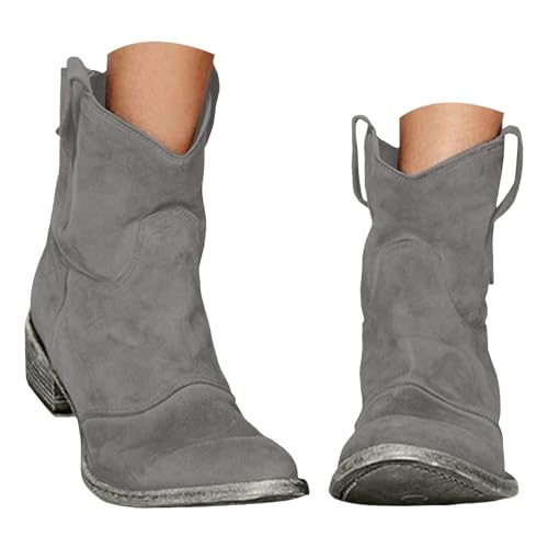 Xbemkste Cowboystiefel Damen Stiefeletten mit Absatz Wildleder Westernstiefel Retro Cowboy Boots Kurzschaft Stiefel Halbhoch Bequemer Ankle Boots Elegant Herbst Winter Schuhe (Grey, 41) von Xbemkste