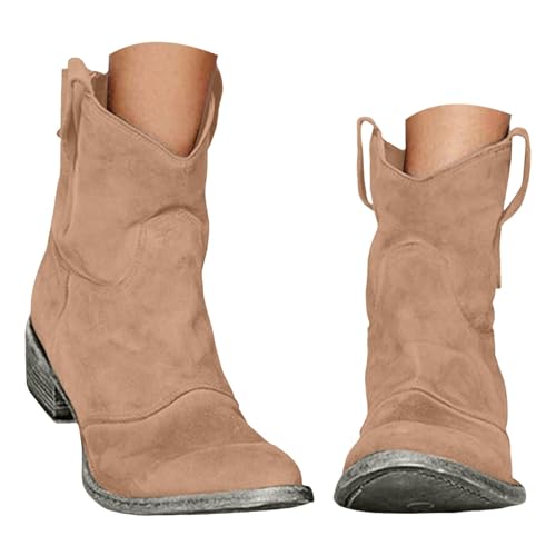 Xbemkste Cowboystiefel Damen Stiefeletten mit Absatz Wildleder Westernstiefel Retro Cowboy Boots Kurzschaft Stiefel Halbhoch Bequemer Ankle Boots Elegant Herbst Winter Schuhe (Khaki, 39) von Xbemkste