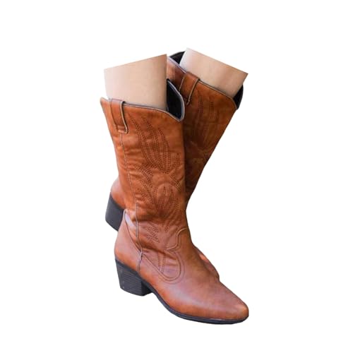 Xbemkste Cowboystiefel Damen Westernstiefel Halbhohe Stickereien Bequemer Absatz Schlupfstiefel Elegant Damenstiefel Cowboy Boots Weitschaftstiefel Übergangsstiefel (Brown, 40.5) von Xbemkste