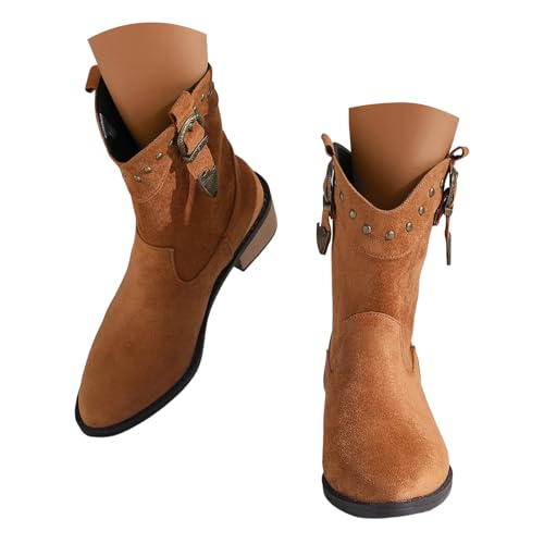 Xbemkste Cowboystiefel Damen Westernstiefel mit Absatz Mittelhoch Stiefel Elegant Halbstiefel Vintage Kurzschaft Boots Spitzer Zehenbereich Damenstiefel Übergangsstiefel (Brown, 38.5) von Xbemkste