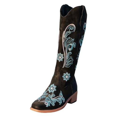 Xbemkste Cowboystiefel Damen mit Absatz Westernstiefel mit Stickereien Schlupfen Halbstiefel Retro Langschaftstiefel Bequemer Weitschaftstiefel Herbst Winter Schuhe (41) von Xbemkste