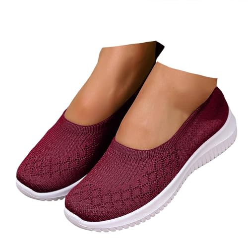 Xbemkste Damen Ballerinas Atmungsaktive Strickstoff Runde Zehenpartie Bequeme Slip-On Walkingschuhe Freizeit Flache Schuhe Schlupfschuhe Leichte Sommerschuhe für Büro,Alltag (Red, 40) von Xbemkste