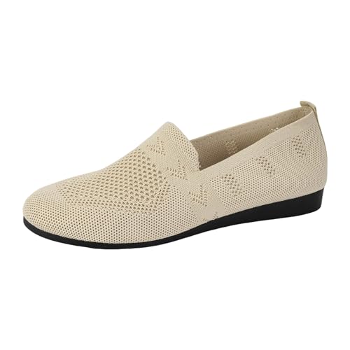 Xbemkste Damen Ballerinas Runde Zehe Atmungsaktive Strickstoff Balerinaschuhe Freizeitschuhe Bequeme Slip-On Walkingschuhe Leichte Sommerschuhe Trachtenschuhe für Büro,Alltag (Beige, 38.5) von Xbemkste