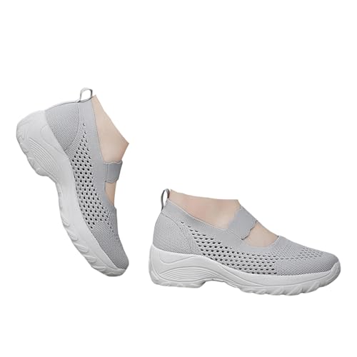 Xbemkste Damen Ballerinas mit Riemen Atmungsaktive Strick Mesh Balerinaschuhe Bequeme Slip-On Walkingschuhe Freizeit Flache Schuhe mit Fußgewölbestütze Leichte Sommerschuhe (Grey, 40) von Xbemkste