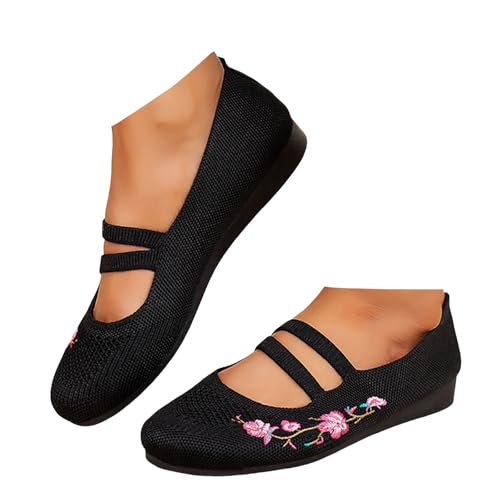 Xbemkste Damen Ballerinas mit Riemen Runde Zehe Atmungsaktive Strickstoff Balerinaschuhe Trachtenschuhe Bequeme Slip-On Walkingschuhe Leichte Sommerschuhe Schlupfschuhe (40.5) von Xbemkste