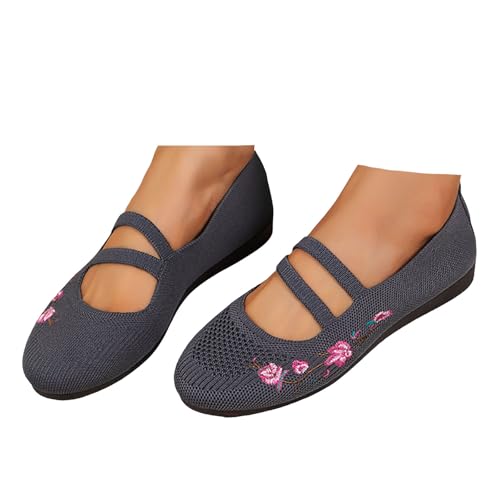 Xbemkste Damen Ballerinas mit Riemen Runde Zehe Atmungsaktive Strickstoff Balerinaschuhe Trachtenschuhe Bequeme Slip-On Walkingschuhe Leichte Sommerschuhe Schlupfschuhe (Grey, 41) von Xbemkste