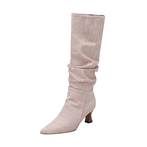 Xbemkste Damen Boots mit Absatz Kniestiefel Slouch Boots Elegant Hohe Stiefel Damen Langschaftstiefel Slip On Stiefel Gekräuselt Lässige Styleboots Übergangsstiefel (38.5) von Xbemkste
