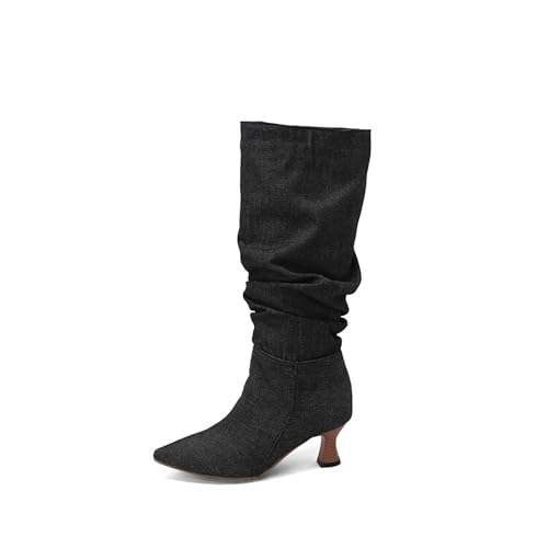 Xbemkste Damen Boots mit Absatz Kniestiefel Slouch Boots Elegant Hohe Stiefel Damen Langschaftstiefel Slip On Stiefel Gekräuselt Lässige Styleboots Übergangsstiefel (40.5) von Xbemkste