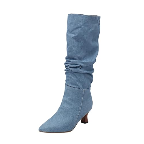 Xbemkste Damen Boots mit Absatz Kniestiefel Slouch Boots Elegant Hohe Stiefel Damen Langschaftstiefel Slip On Stiefel Gekräuselt Lässige Styleboots Übergangsstiefel (Blue, 40.5) von Xbemkste