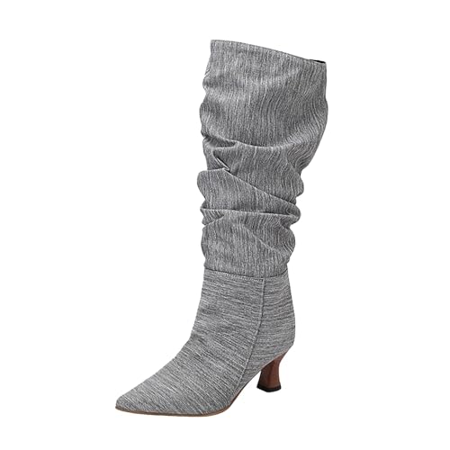Xbemkste Damen Boots mit Absatz Kniestiefel Slouch Boots Elegant Hohe Stiefel Damen Langschaftstiefel Slip On Stiefel Gekräuselt Lässige Styleboots Übergangsstiefel (Grey, 36) von Xbemkste