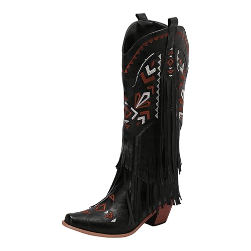 Xbemkste Damen Cowboy Stiefel Westernstiefel mit Quasten Vintage Lange Stiefel mit Absatz Spitze Zehe Fransenstiefel Schlupfstiefel Kniehohe Boots Winter Damenstiefel (39) von Xbemkste