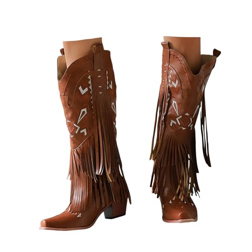 Xbemkste Damen Cowboy Stiefel Westernstiefel mit Quasten Vintage Lange Stiefel mit Absatz Spitze Zehe Fransenstiefel Schlupfstiefel Kniehohe Boots Winter Damenstiefel (Brown, 41) von Xbemkste