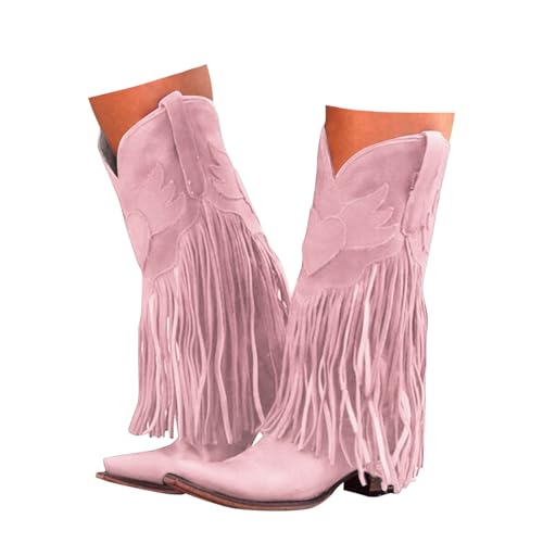 Xbemkste Damen Cowboy Stiefel mit Fransen Blockabsatz Spitze Zehe Westernstiefel Damen Lange Stiefel Halbstiefel Elegant Kniehohe Boots Bequemer Winterstiefel (40.5) von Xbemkste