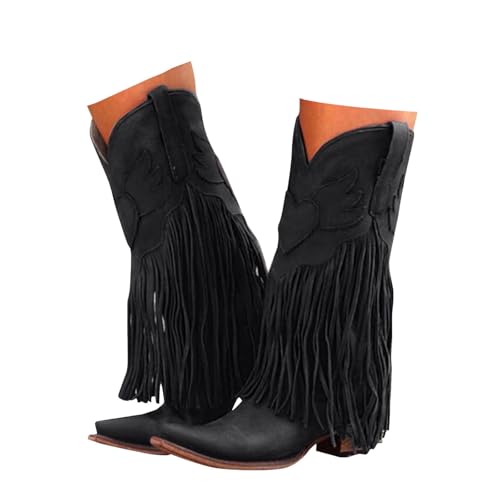 Xbemkste Damen Cowboy Stiefel mit Fransen Blockabsatz Spitze Zehe Westernstiefel Damen Lange Stiefel Halbstiefel Elegant Kniehohe Boots Bequemer Winterstiefel (40.5) von Xbemkste