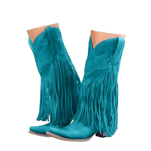 Xbemkste Damen Cowboy Stiefel mit Fransen Blockabsatz Spitze Zehe Westernstiefel Damen Lange Stiefel Halbstiefel Elegant Kniehohe Boots Bequemer Winterstiefel (Blue, 39) von Xbemkste