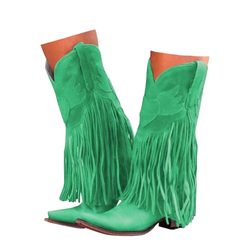 Xbemkste Damen Cowboy Stiefel mit Fransen Blockabsatz Spitze Zehe Westernstiefel Damen Lange Stiefel Halbstiefel Elegant Kniehohe Boots Bequemer Winterstiefel (Green, 40) von Xbemkste