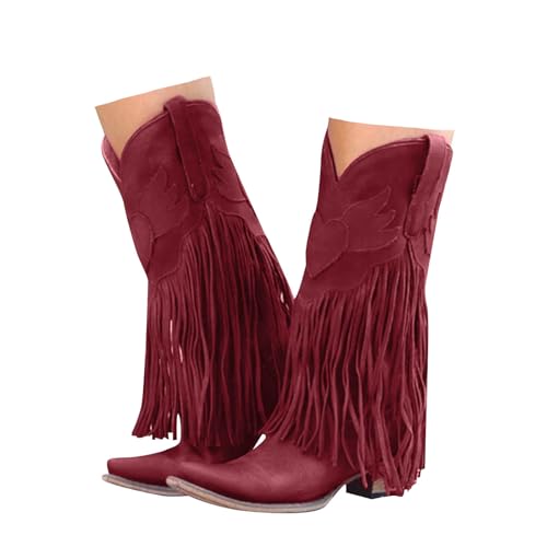 Xbemkste Damen Cowboy Stiefel mit Fransen Blockabsatz Spitze Zehe Westernstiefel Damen Lange Stiefel Halbstiefel Elegant Kniehohe Boots Bequemer Winterstiefel (Red, 40.5) von Xbemkste