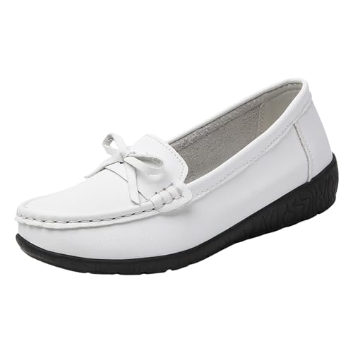Xbemkste Damen Flach Loafer Bequeme Slip On Mokassins Slippers Elegant Arbeit Schuhe Freizeitschuhe Schlupfschuhe Lässige Schuhe Leichte Bootsschuhe (White, 37.5) von Xbemkste