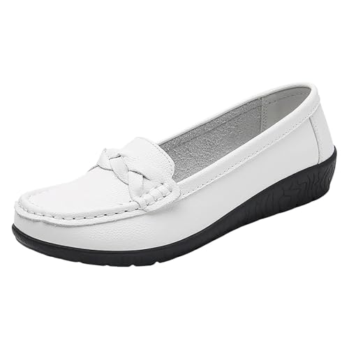 Xbemkste Damen Flach Loafer Slip On Mokassins Slippers Elegant Arbeit Schuhe Bequeme Freizeitschuhe Schlupfschuhe Lässige Schuhe Leichte Bootsschuhe (White, 41) von Xbemkste