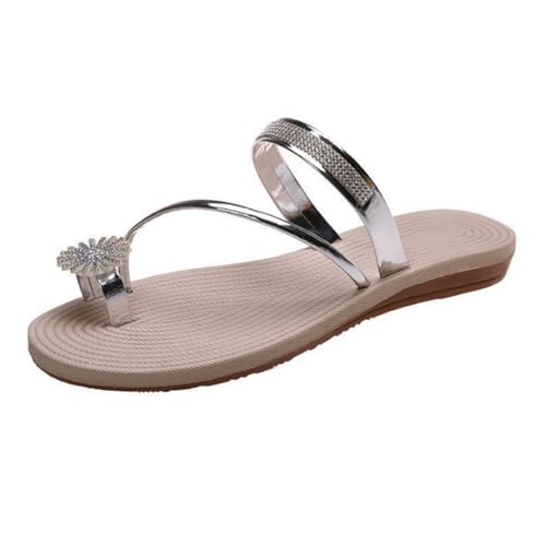Xbemkste Damen Flach Sandalen Bequeme Weiche Sohle Zehensandalen Hallux Valgus mit Strass Flip Flops Leichte Rutschfeste Strandsandale (38.5) von Xbemkste