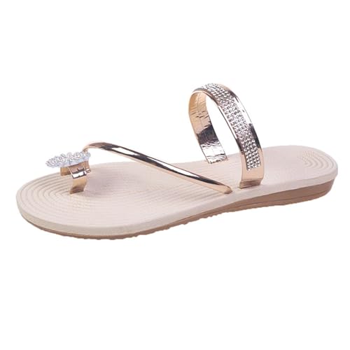 Xbemkste Damen Flach Sandalen Bequeme Weiche Sohle Zehensandalen Hallux Valgus mit Strass Flip Flops Leichte Rutschfeste Strandsandale (Rose Gold, 40.5) von Xbemkste