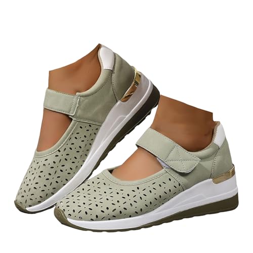 Xbemkste Damen Freizeitschuhe mit Keilabsatz Bequeme Atmungsaktive Lässige Schuhe Mit Verstellbarer Rieme Leichte Walkingschuhe Sommerschuhe Damen Plateauschuhe (Green, 41) von Xbemkste