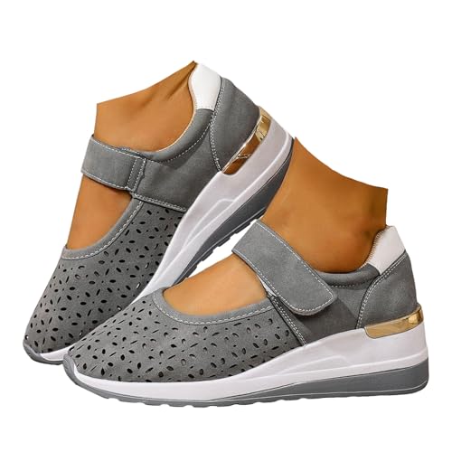 Xbemkste Damen Freizeitschuhe mit Keilabsatz Bequeme Atmungsaktive Lässige Schuhe Mit Verstellbarer Rieme Leichte Walkingschuhe Sommerschuhe Damen Plateauschuhe (Grey, 37.5) von Xbemkste