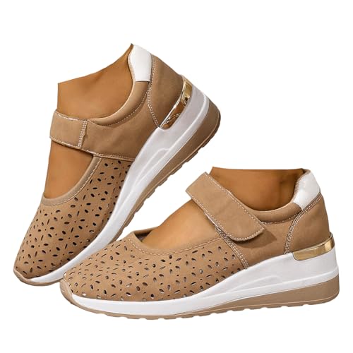 Xbemkste Damen Freizeitschuhe mit Keilabsatz Bequeme Atmungsaktive Lässige Schuhe Mit Verstellbarer Rieme Leichte Walkingschuhe Sommerschuhe Damen Plateauschuhe (Khaki, 39) von Xbemkste