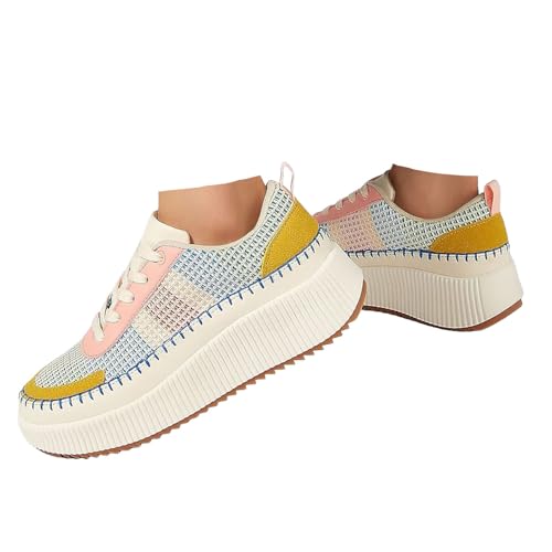 Xbemkste Damen Freizeitschuhe mit Plateau Atmungsaktive Halbschuhe Lässige Sneaker Bequeme Walkingschuhe Lässige Plateauschuhe Low-Top Schnürschuhe (Multicolour, 39) von Xbemkste