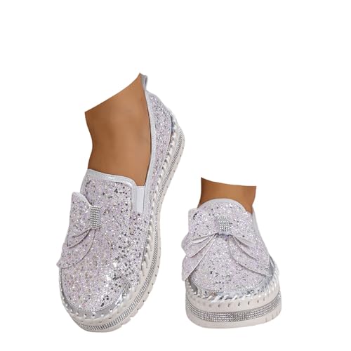 Xbemkste Damen Glitzer Sneaker Pailletten Funkeln Plattform Strass Party Urlaub Hochzeit Turnschuhe Slip On Stoffschuhe mit Schleife Flache Loafer Walkingschuhe (37) von Xbemkste