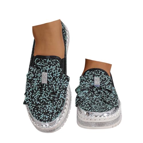Xbemkste Damen Glitzer Sneaker Pailletten Funkeln Plattform Strass Party Urlaub Hochzeit Turnschuhe Slip On Stoffschuhe mit Schleife Flache Loafer Walkingschuhe (37.5) von Xbemkste