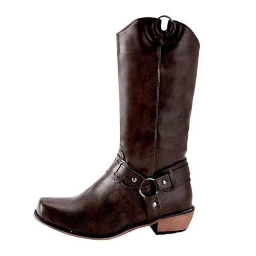 Xbemkste Damen Halbstiefel Blockabsatz Vintage Cowboy Stiefel mit Metallschnalle aus Leder Halbschaft Boots Westernstiefel Kurzschaft Boots Bequemer Winterstiefel (Brown, 40.5) von Xbemkste