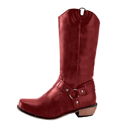 Xbemkste Damen Halbstiefel Blockabsatz Vintage Cowboy Stiefel mit Metallschnalle aus Leder Halbschaft Boots Westernstiefel Kurzschaft Boots Bequemer Winterstiefel (Red, 40.5) von Xbemkste