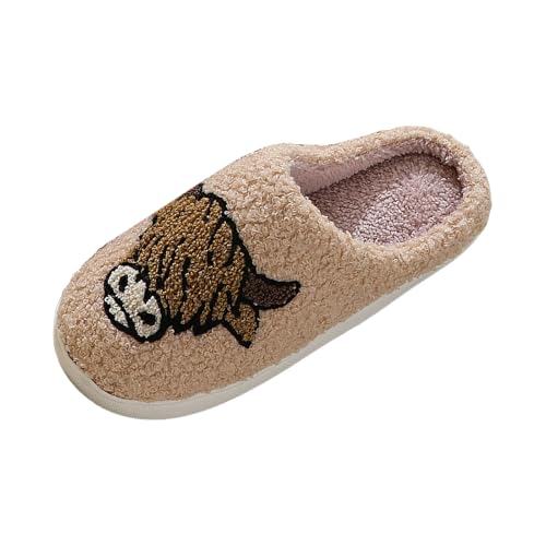 Xbemkste Damen Hausschuhe Mit Highland-Kuh Herren Winter Warme Plüsch Pantoffeln Flauschige Weiches Filzpantoffeln Lustige Tierhausschuhe Bequeme Slippers für Drinnen Draußen (Coffee, 39) von Xbemkste