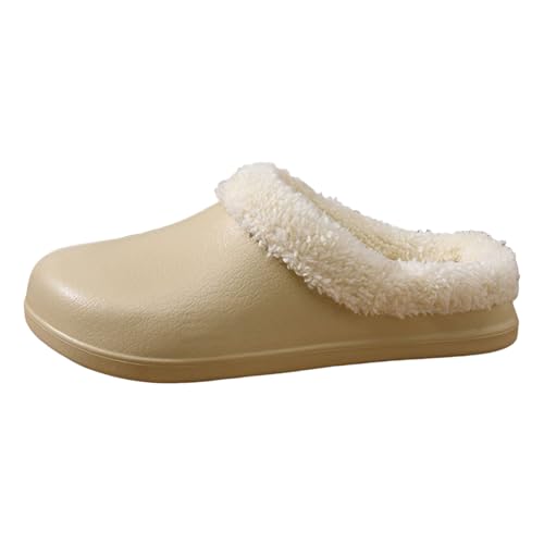 Xbemkste Damen Hausschuhe Winter Warme Clogs Gefüttert Plüsch Pantoffeln Leichte Wasserdticht Gartenschuhe Weiche Bequeme Winterschuhe Slide Slippers für Drinnen Draußen (Khaki, 37.5) von Xbemkste