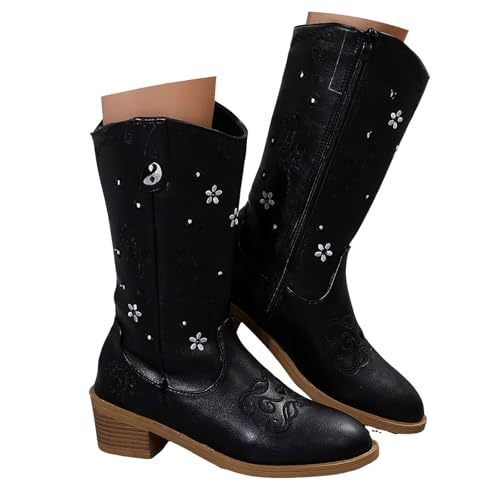 Xbemkste Damen Hohe Stiefel Blockabsatz Stickereien Spitze Zehe Western Cowboystiefel mit Reißverschluss Vintage Halbstiefel Elegant Halbschaft Boots Winterstiefel (36) von Xbemkste