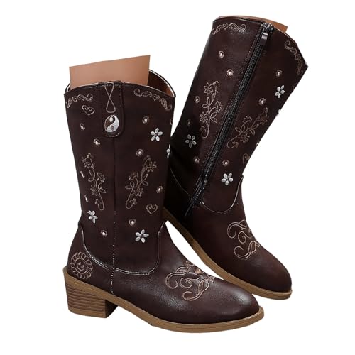 Xbemkste Damen Hohe Stiefel Blockabsatz Stickereien Spitze Zehe Western Cowboystiefel mit Reißverschluss Vintage Halbstiefel Elegant Halbschaft Boots Winterstiefel (Brown, 37.5) von Xbemkste