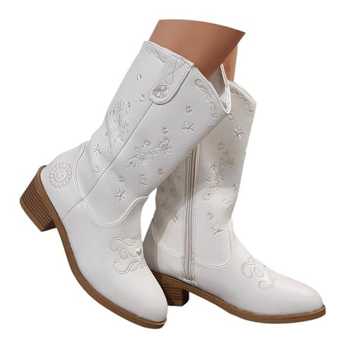 Xbemkste Damen Hohe Stiefel Blockabsatz Stickereien Spitze Zehe Western Cowboystiefel mit Reißverschluss Vintage Halbstiefel Elegant Halbschaft Boots Winterstiefel (White, 41) von Xbemkste