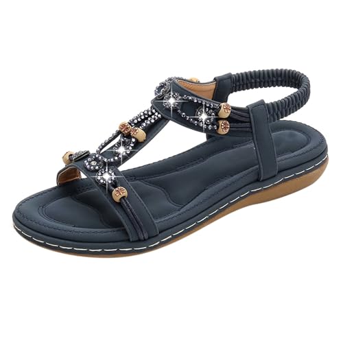 Xbemkste Damen Keilsandalen Bohemian Sommer Sandaletten mit Strass Frauen Schuhe Keilabsatz Absatz Wedges Strandsandalen mit Verstellbarer Rieme (34.5) von Xbemkste