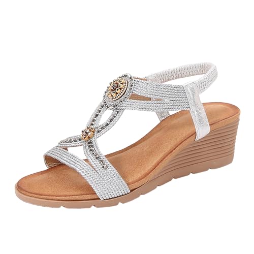Xbemkste Damen Keilsandalen Bohemian Sommer Sandaletten mit Strass Frauen Schuhe Keilabsatz Absatz Wedges Strandsandalen mit Verstellbarer Rieme (41) von Xbemkste