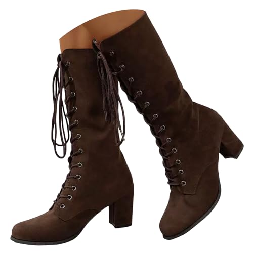 Xbemkste Damen Klassische Schnürstiefel Langschaftstiefel mit Absatz Runde Zehe Elegant Kniehohe Boots Reitstiefel Halbschaft Damenstiefel Mittelhoch Stiefel (Coffee, 40.5) von Xbemkste