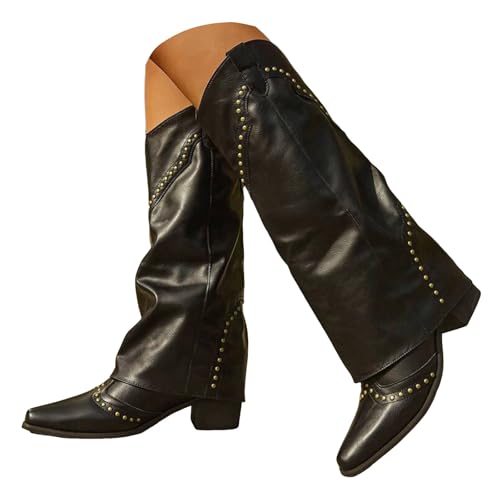 Xbemkste Damen Kniehohe Stiefel Vintage Nieten Hohe Schlupfen Cowboystiefel mit Revers Blockabsatz Spitze Zehe Westernstiefel Langschaft Boots Wasserdticht Winterstiefel (38.5) von Xbemkste