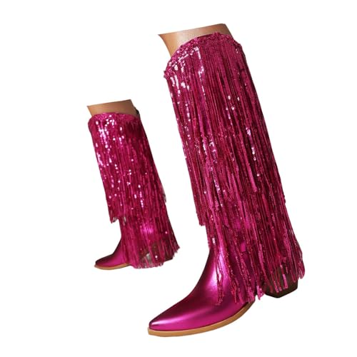 Xbemkste Damen Kniestiefel Glitzer Lack Halbschaft Fransen Stiefel Cowboystiefel Damen mit Absatz Westernstiefel Klassischer Kniehohe Boots Halbstiefel Winterstiefel (Red, 40.5) von Xbemkste