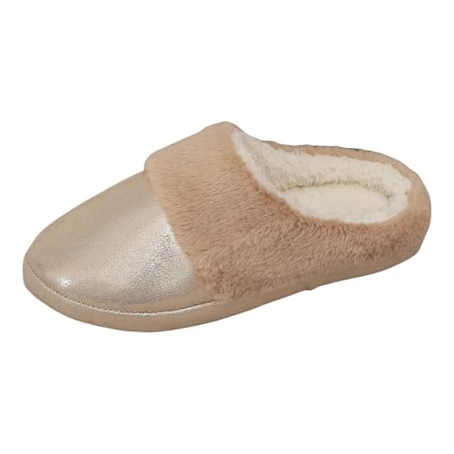 Xbemkste Damen Lammfell Hausschuhe Glitzer Pantoffeln Winter Warme Fell Slipper Flauschige Weiches Plüschschuhe Gemütlich Rutschfeste mit Pelzrand 11111 Futter Hausslippers (Gold, 36) von Xbemkste