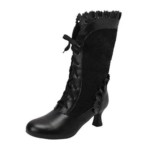 Xbemkste Damen Lange Stiefel mit Absatz Runde Zehe Mittelhoch Schnürstiefel Vintage Spitze Westernstiefel Langschaft Winterstiefel Elegant Damenstiefel Halbstiefel (41) von Xbemkste